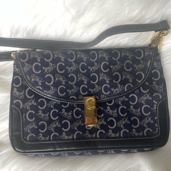 Vintage Celine Macadam Canvas Shoulder Bag -Dark Blue - Picture 1 of 16